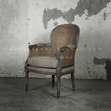 象形design进口法式复古做旧藤编亚麻布艺单人沙发椅实木沙发椅