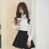 韩版秋装新款气质宽松翻领镂空蕾丝长袖衬衫女蝙蝠灯笼袖白色衬衣