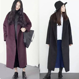 2016韩国代购宽松女装呢外套长款羊毛呢子大衣茧型过膝毛呢外套女