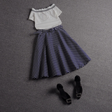 欧洲站2016夏装新款女装一字领显瘦针织衫条纹a字裙时尚套装潮