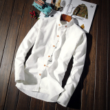 夏季时尚薄款纯色棉麻白长袖衬衫男士韩版男装衬衣修身型青少年潮
