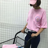 韩国ulzzang原宿风趣味推土机印花T恤童趣口袋短袖圆领情侣T恤衫