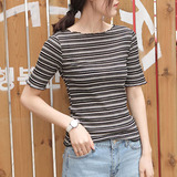 夏韩版修身黑白横条纹短袖T恤女 弹力简约套头圆领薄款打底针织衫