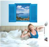3D立体墙贴 复古假窗客厅卧室办公室装饰贴画 地中海蓝色风景贴纸