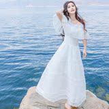 仙女拼接镂空波点刺绣连衣裙白色蕾丝吊带长裙波西米亚度假沙滩裙