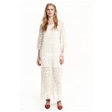 HM H&M专柜正品代购女装白色蕾丝流苏短袖中长款连衣裙0408607001