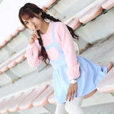 粉色假两件套背带裙拼接韩国学生少女装潮秋冬韩版长袖毛呢连衣裙