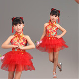 儿童演出服民族舞蹈服合唱服纱裙表演服装公主蓬蓬龙裙中国风红色