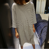 超值 韩国代购正品女装新 懒人出街 气质时尚细条纹中长款连衣裙