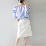 2016夏季新款韩版圆领套头灯笼袖荷叶边中袖宽松纯棉衬衫女蓝色