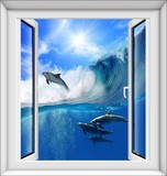 3D立体风景 椰树海滩系列 竖版假窗贴 假窗户装饰贴 仿真窗墙贴纸