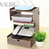 创意办公室桌面收纳盒木质路由器电话机置物架抽屉式面单储物架
