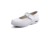 夏季新款一字扣气垫鞋白色坡跟浅口工作鞋真皮圆头透气护士鞋休闲
