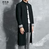 中国风男士秋装新品棉麻中长款风衣加肥大码复古盘扣假两件外套