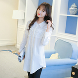 韩版女装2016春季新款蕾丝拼接中长款长袖衬衫 女士宽松大码衬衣