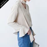 JANESENTL春季新款韩版长袖纯色衬衫Normcore荷叶喇叭袖OL飘带 女