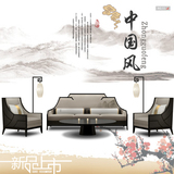 新中式沙发床组合实木布艺休闲客厅沙发椅仿古禅意样板房家具新品