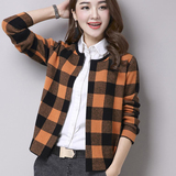2016春装新款韩版宽松圆领撞色格子外套针织小开衫短款外搭毛衣女