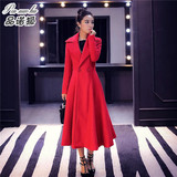 大红色羊毛呢子外套女2016冬季新品韩版修身长款过膝大摆毛绒大衣