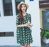 2016韩国夏季新款复古领口系带碎花短袖中裙雪纺印花连衣裙女学生