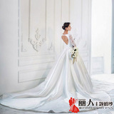 新款复古白色带袖长拖尾新娘拍照婚纱影楼主题服装内景情侣写真服