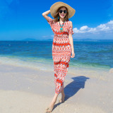 波西米亚修身显瘦海边度假沙滩裙长裙短袖高腰棉绸连衣裙夏季