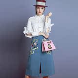 MIUCO女装2016秋宫廷范荷叶边白衬衫+花朵刺绣前开叉蓝色半裙套装