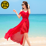 夏女沙滩裙荷叶边海边度假吊带露肩红色高开叉双层雪纺连衣裙长裙
