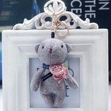 韩国时尚可爱布艺花朵小熊钥匙扣 泰迪熊包包挂件女士汽车钥匙链