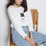 韩国2016春装减龄卡通胡子图案厚质宽松圆领长袖纯棉T恤打底衫女