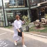 大码女装夏装2016新款韩版长款浅灰色衬衫宽松修身长袖防晒外套女