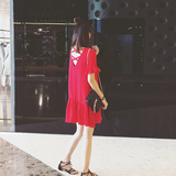 夏季新款韩版露背荷叶袖宽松雪纺连衣裙  红色短袖荷叶边中裙 女