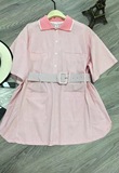 【钱夫人】CHINSTUDIO定制 显瘦细条纹冰淇淋粉色polo腰带衬衣