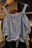 韩国代购16夏装新款韩版吊带一字领露肩五分袖宽松条纹衬衫上衣女