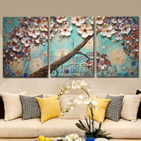 简约中式客厅装饰画纯手绘油画卧室三联立体花卉挂画苹果花无框画