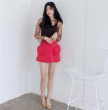 韩国代购俏皮可爱套装红色立体大口袋短裙性感网纱吊带上衣两件套