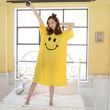 韩国纯棉睡裙女短袖简约宽松大版长款睡衣可爱笑脸夏季外穿家居服