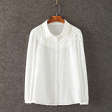 外贸原单2016夏季女装新款 纯棉蕾丝花边长袖白衬衫衬衣
