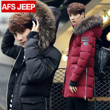 AFS JEEP2015冬季男士羽绒服 中长款修身韩版加厚毛领羽绒服外套