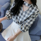 2016夏季新款 韩范上衣甜美领口三角形镂空格子挂脖衬衫女T恤学生
