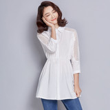衬衫女韩范 2016春装新款夏季白色中长款七分袖 收腰打底镂空衬衣