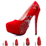 红色新娘鞋超高跟婚鞋防水台单鞋水钻凤凰结婚礼服鞋伴娘绒面女鞋