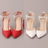 新款白色珍珠水钻新娘鞋红色尖头超高跟婚鞋一字腕带细跟女凉鞋
