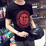 夏款男士中国风印花短袖T恤加大码青年修身个性打底衫民族风半袖