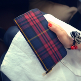 2016新款韩版时尚帆布红绿格子单拉女士长款钱包手拿包零钱包手包