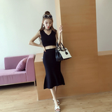 夏季新款2016韩版V领无袖针织背心两件套长款包臀鱼尾裙套装女潮