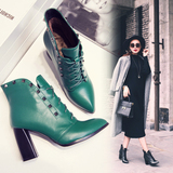 欧美时尚2016冬季新款真皮女靴子绿色高跟粗跟短靴女马丁靴优雅