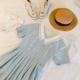 【森女想去海边】春夏双子季姐妹装复古少女感蓝海军领连衣裙