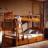 中式全实木子母床双层上下儿童床金丝楠色带抽屉带护栏高低组合床