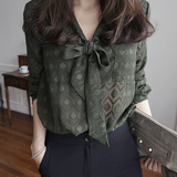 2016夏季女装新款韩版宽松V领系带长袖雪纺单排扣衬衫蝴蝶结上衣